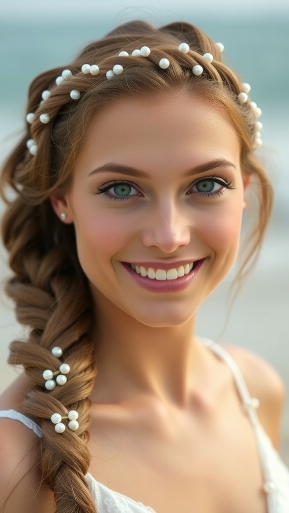 A woman with a twisted crown hairstyle adorned with sea pearls, smiling at the beach.
