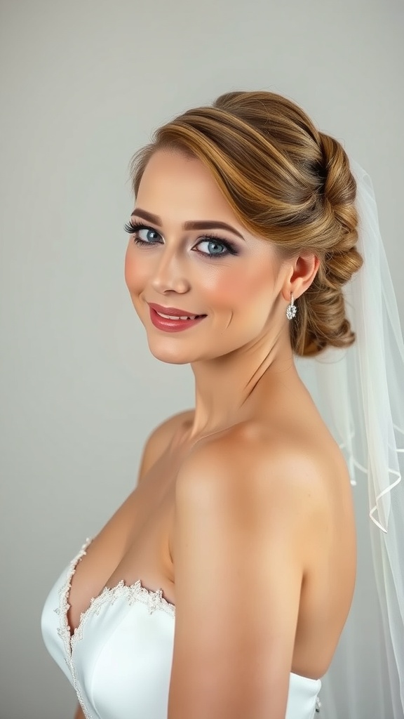 Bride with twisted half-up hairstyle and sheer veil, showcasing a timeless and romantic bridal look.