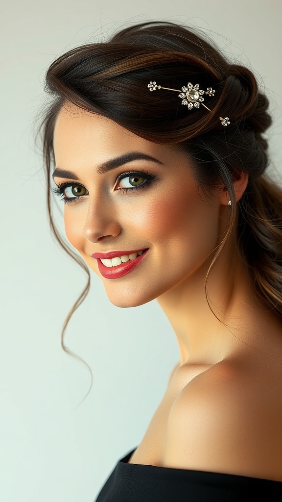 A woman with a twisted half-up hairstyle adorned with a sparkling hair accessory, smiling at the camera.