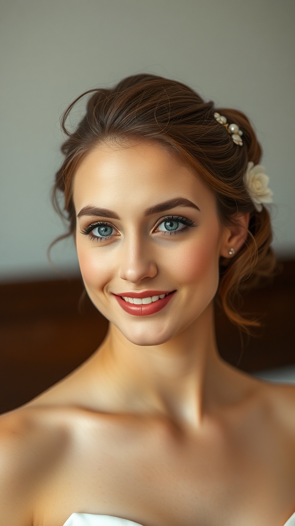 A bride with a twisted low bun hairstyle adorned with a bridal hair pin, showcasing a soft and elegant look.