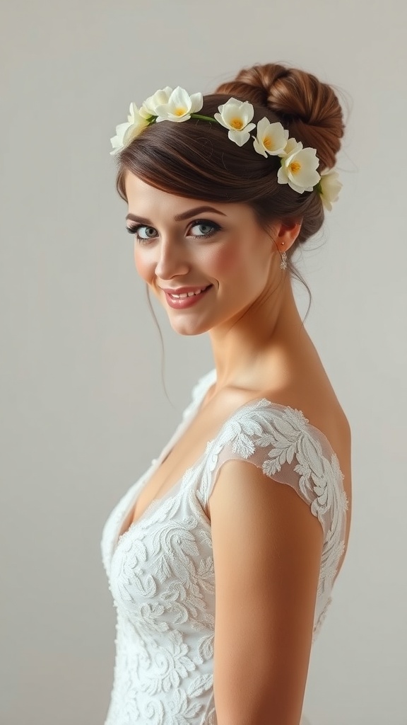 A bride with a twisted updo hairstyle adorned with a floral crown, wearing a lace wedding dress.