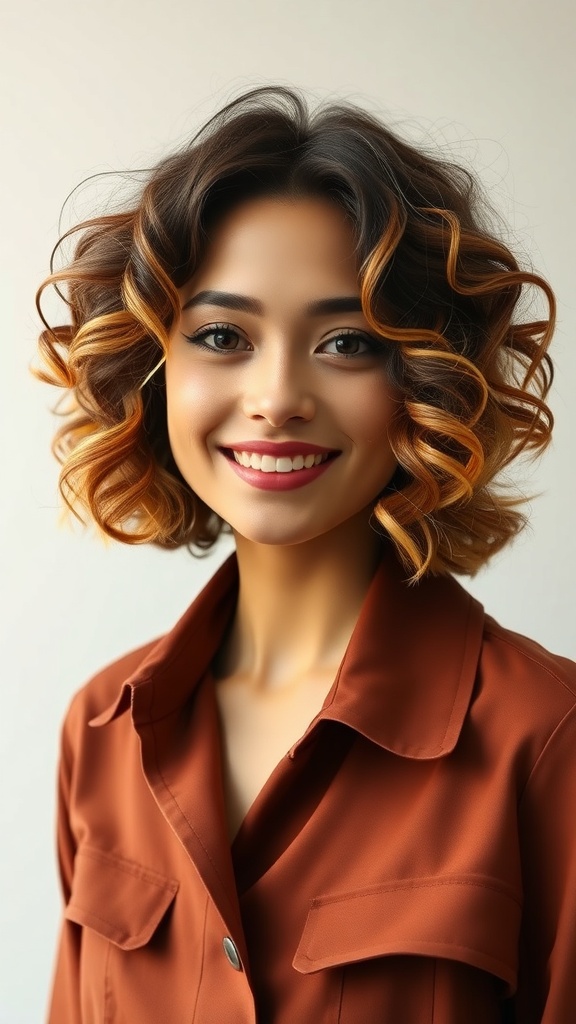 A woman with a two-tone curly bob hairstyle, featuring a middle part and vibrant colors.