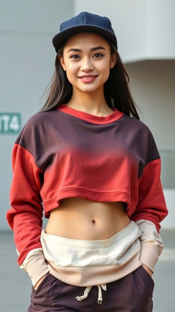 A woman wearing a two-tone sweat set with a cropped sweatshirt and joggers, complemented by a cap.