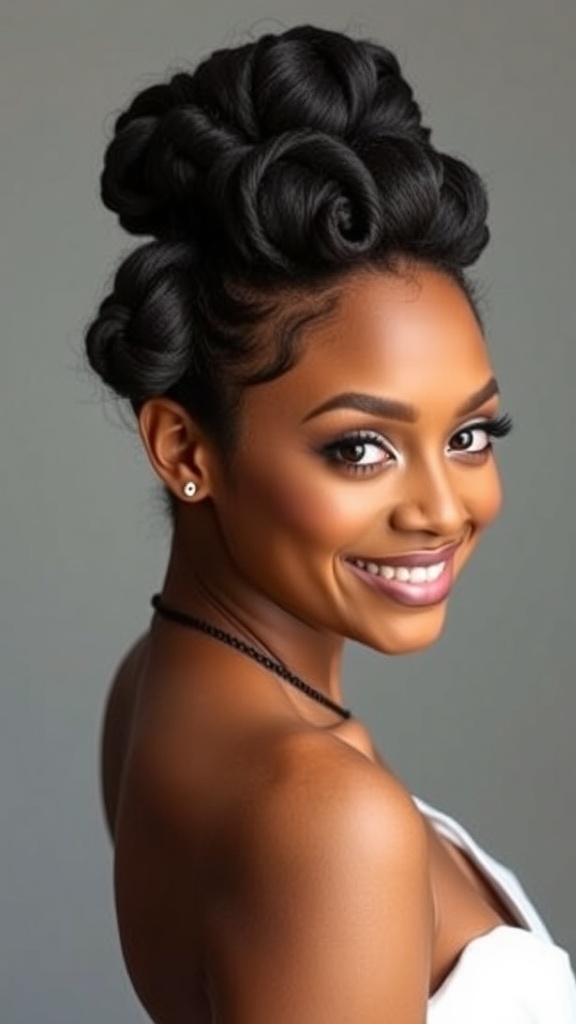 A woman with a beautiful Bantu knot updo, showcasing natural hair in an elegant style.