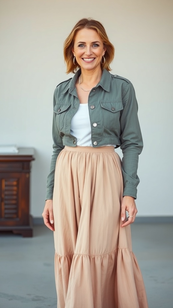 A woman wearing a utility jacket with a maxi skirt, smiling confidently.