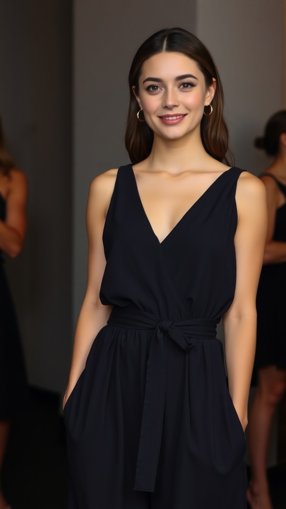 A woman wearing a V-neck black maxi dress with a belted waist, smiling confidently.