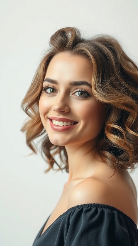 A woman with layered curly hair styled in a V-shape, smiling at the camera.