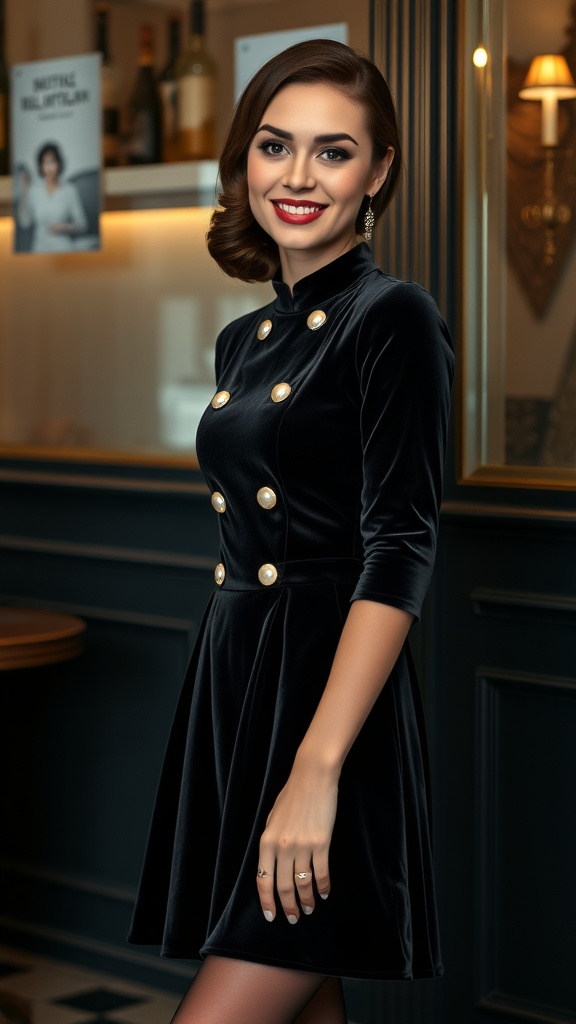 A woman in a velvet midi dress with pearl details, wearing sheer stockings, smiling confidently.