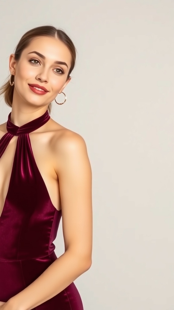 A dancer wearing a burgundy velvet unitard with a halter neck design, showcasing elegance and comfort.