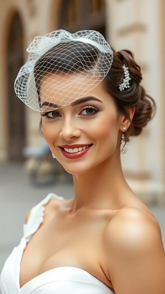 Bride with Victory Rolls hairstyle and shoulder-length veil, smiling in a wedding dress.