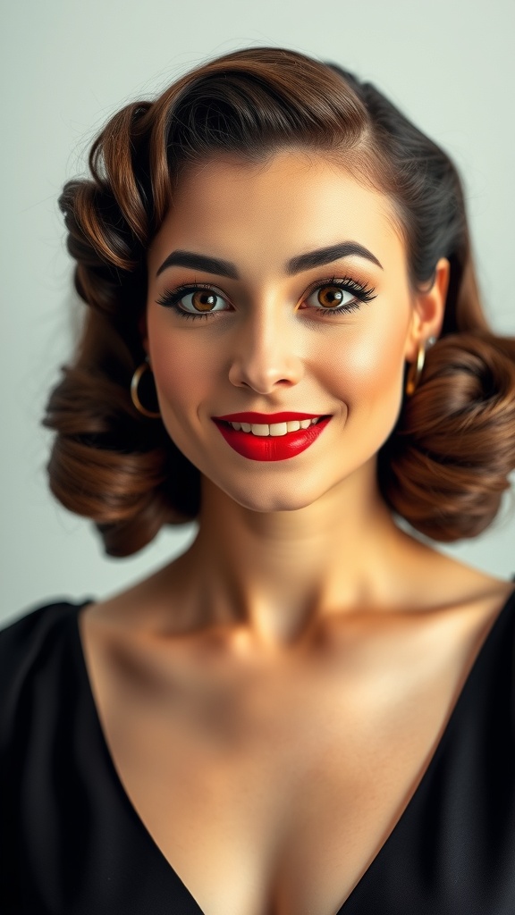 Model with victory rolls hairstyle and red lips, showcasing vintage glam