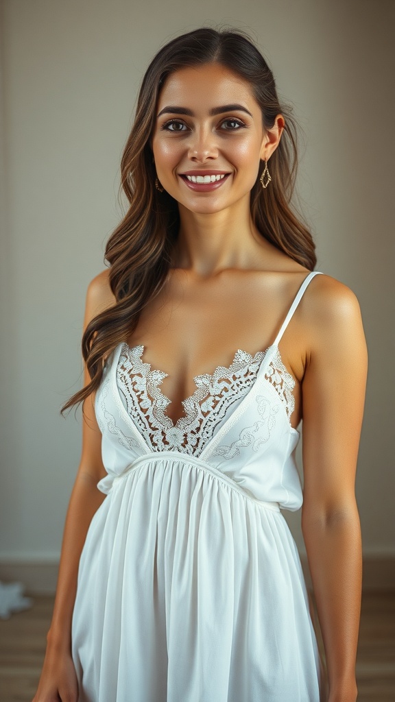 A woman wearing a vintage-inspired bridal nighty with an empire waist, featuring delicate lace detailing.