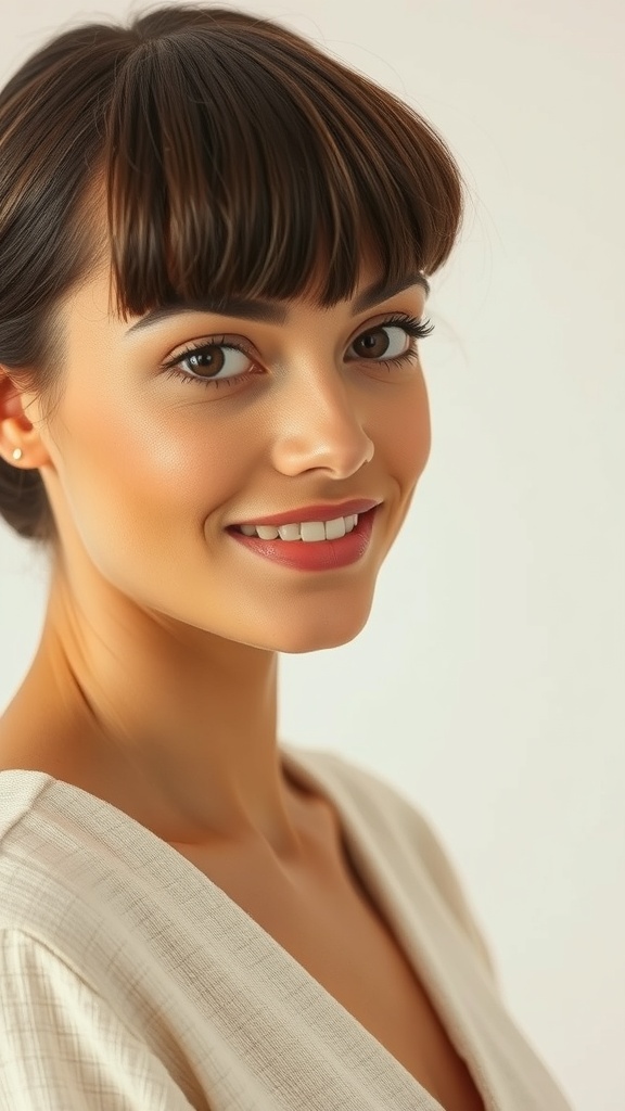 A woman with a vintage-inspired faux bob hairstyle, featuring soft waves and bangs, showcasing retro glam.