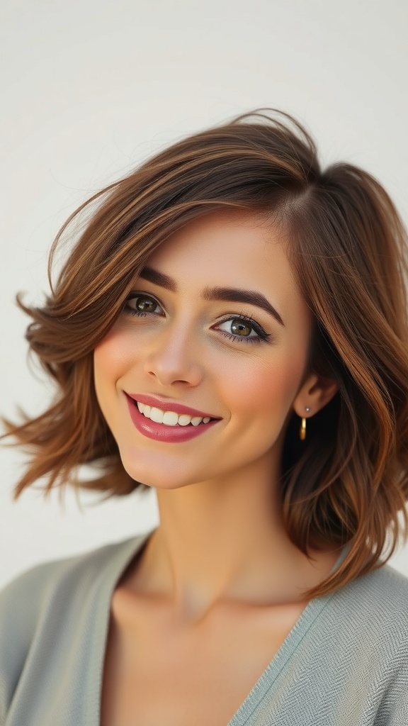 A woman with a vintage blowout hairstyle featuring a side part and subtle layers, showcasing a 70s hairstyles aesthetic.