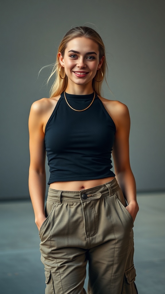 A model wearing vintage cargo pants and a black halter top with hoop earrings, smiling confidently.