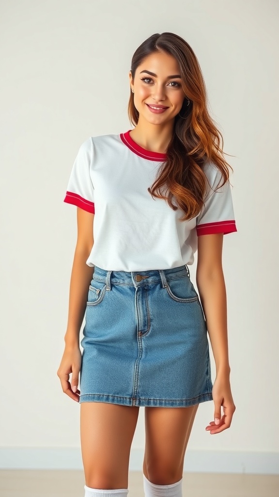 A young woman wearing a vintage denim mini skirt and a ringer tee, showcasing a retro 90s outfit.