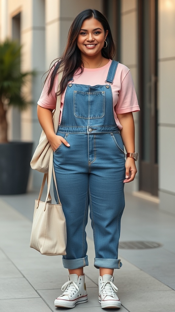 A young girl wearing vintage denim overalls and a baby tee, smiling with a casual bag.