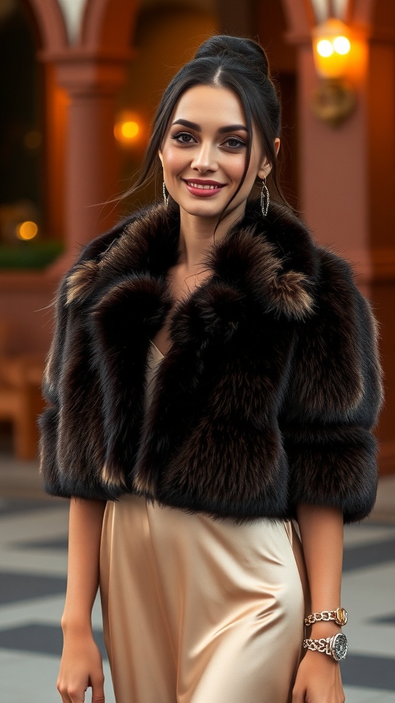 A woman wearing a vintage faux fur coat over a slip dress, showcasing a stylish retro 90s outfit.