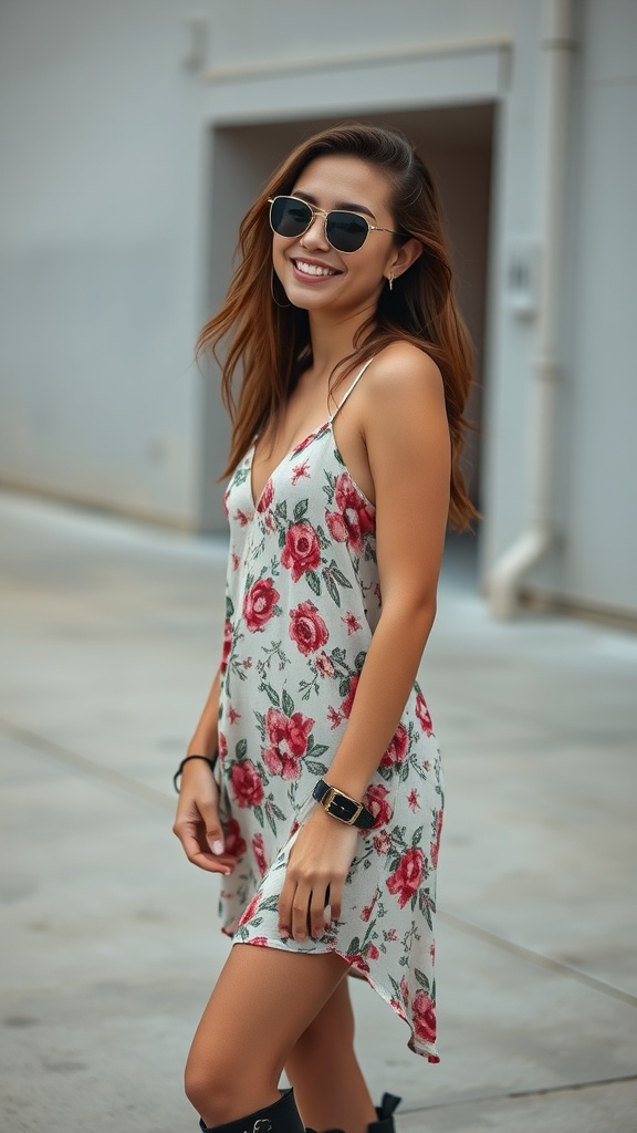 A woman wearing a vintage floral slip dress with combat boots, smiling and posing outdoors.