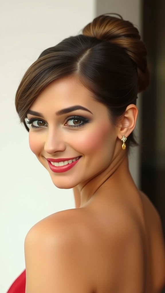 A woman with a Vintage French Roll Updo hairstyle, showcasing elegance and Old Hollywood vibes.