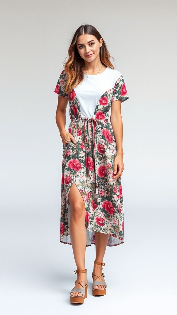 A woman wearing a floral dress over a white tee, showcasing a vintage layered look.