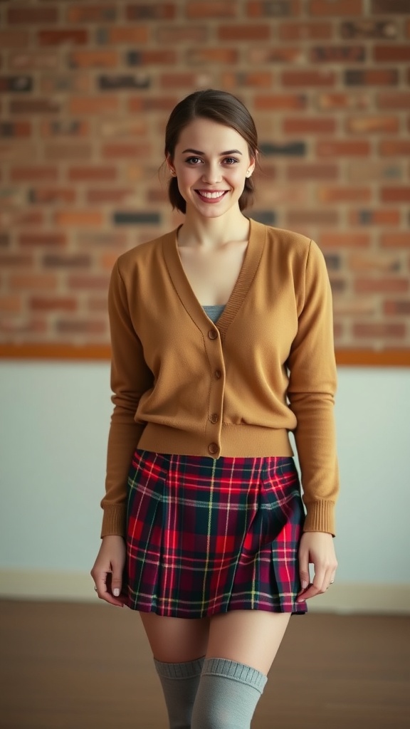 A woman wearing a vintage plaid skirt, a brown cardigan, and knee socks, smiling in front of a brick wall.