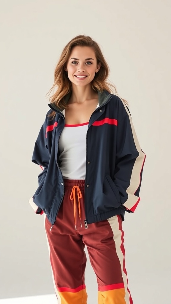 A woman wearing a vintage windbreaker jacket with track pants, showcasing a retro 90s outfit.