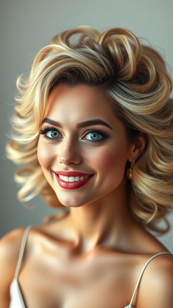 A woman with voluminous blowout hair styled in big layers, smiling brightly.