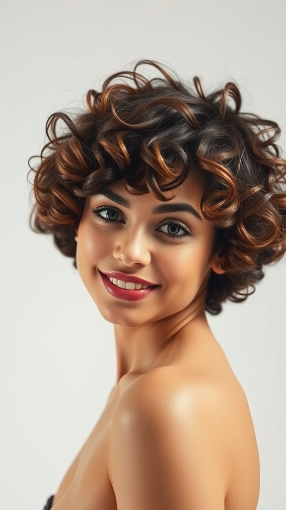 A woman with a voluminous curly bob and bangs, showcasing a bold and textured hairstyle.