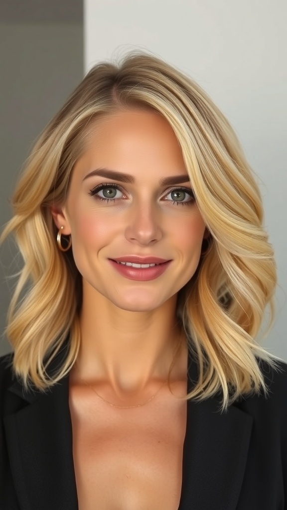 A woman with warm blonde layered hair styled to medium length with rounded volume, smiling at the camera.