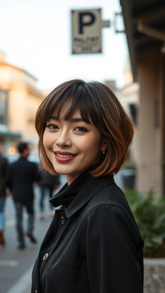 A woman with a warm brunette crop hairstyle featuring blonde highlights, smiling outdoors.