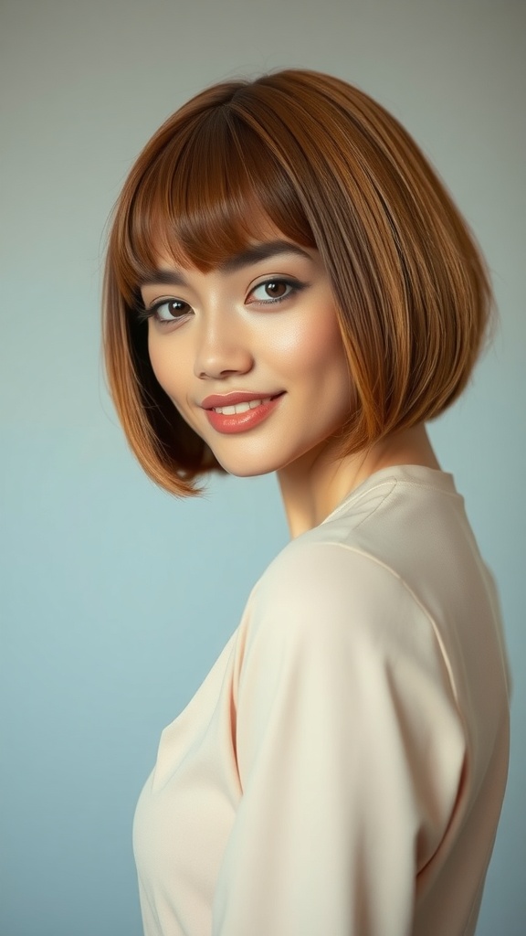 A woman with a warm caramel blunt cut bob chin-length hairstyle, smiling and looking stylish.