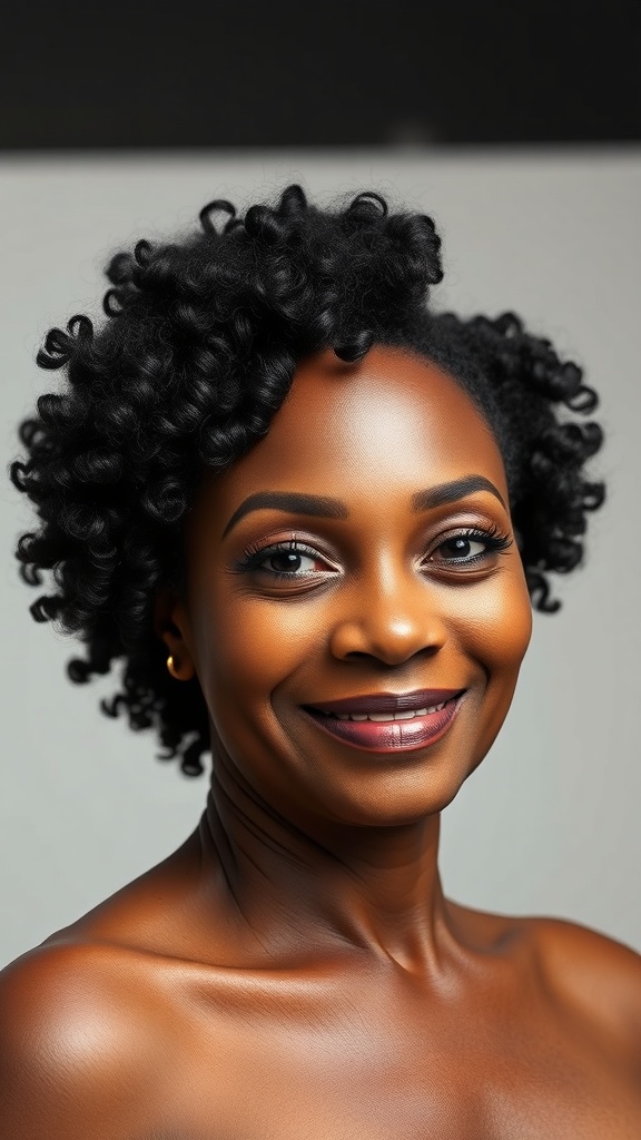 A woman with a stylish wash and go hairstyle featuring defined curls and side texture.