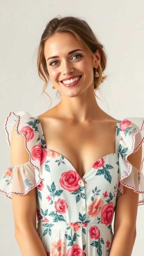 A woman wearing a watercolor floral dress with sheer sleeves, smiling at the camera.