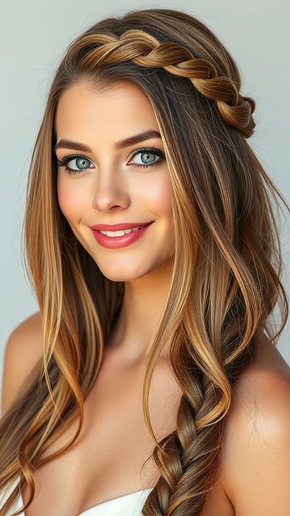 A woman with a waterfall braid and loose lengths, showcasing a romantic wedding hairstyle.