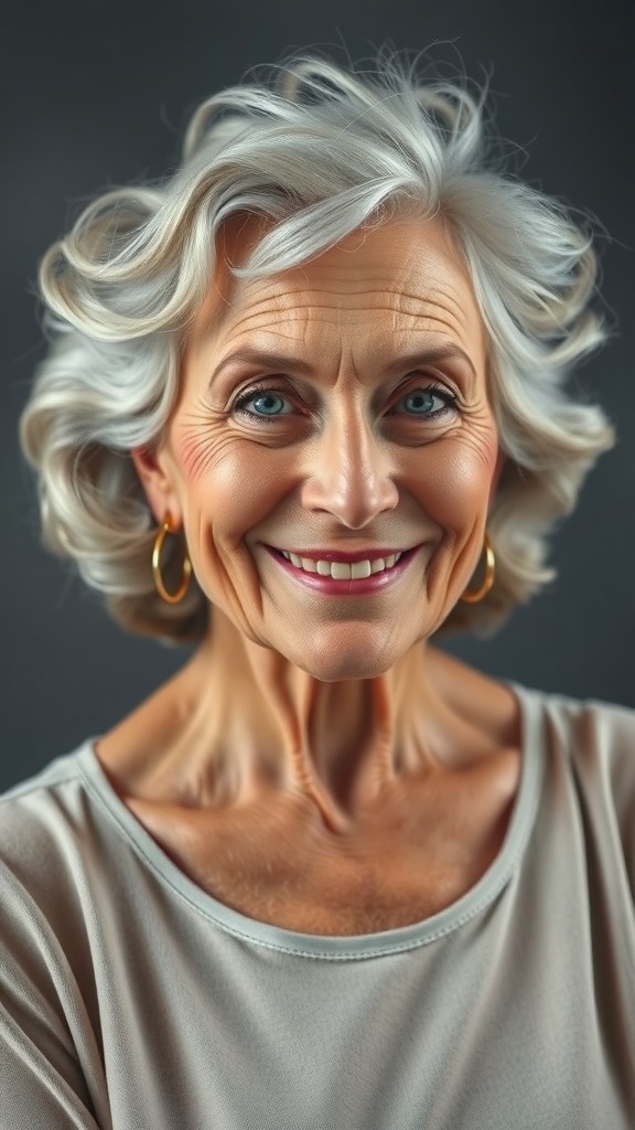 A woman with wavy gray hair styled with volume and shine, showcasing elegance and confidence.