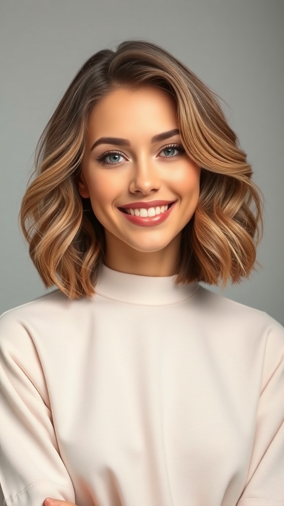 A woman with a wavy lob hairstyle, showcasing volume and light texture, smiling at the camera.