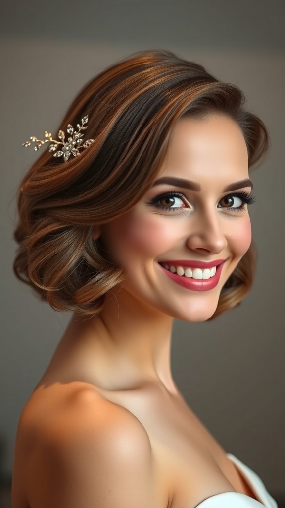 A smiling bride with a wavy short lob hairstyle, adorned with a decorative side comb.