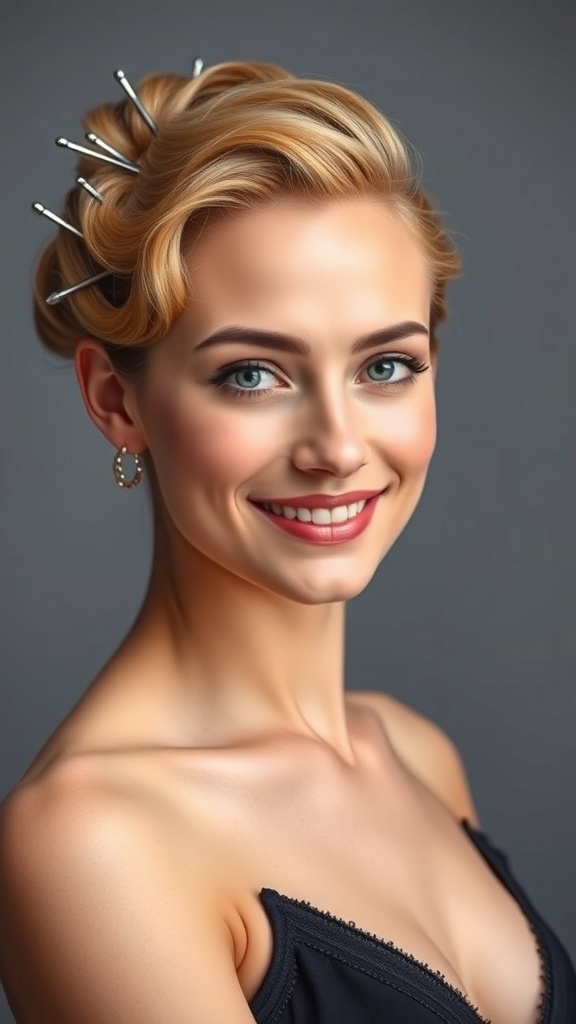 A woman with a wavy updo hairstyle adorned with decorative pins, smiling confidently.