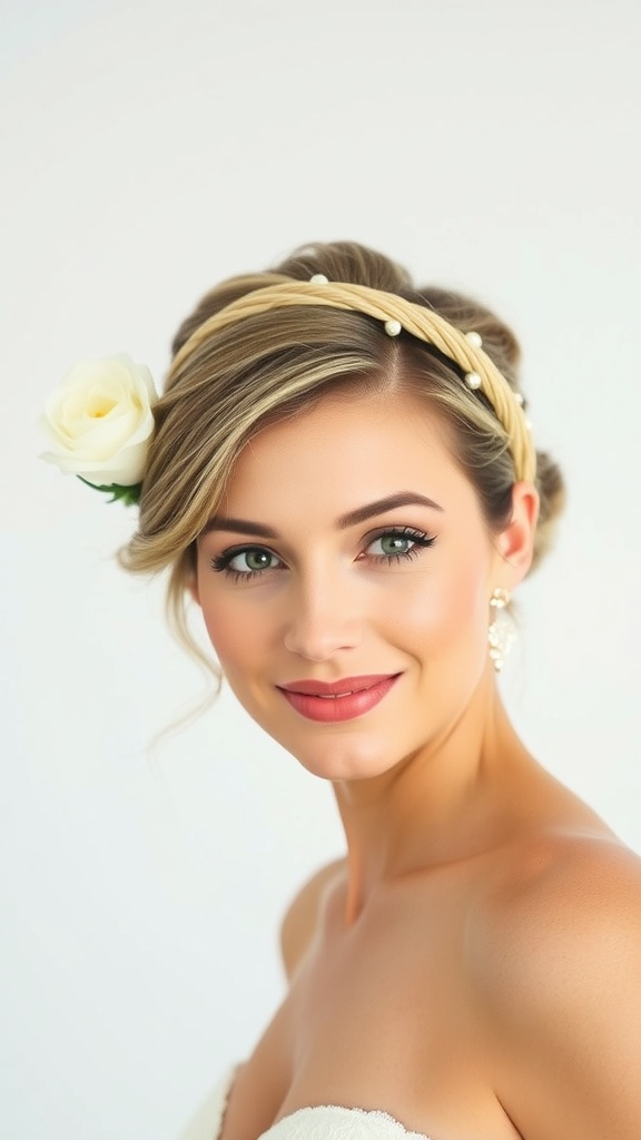 A bride with a twisted halo updo featuring a flower accessory.