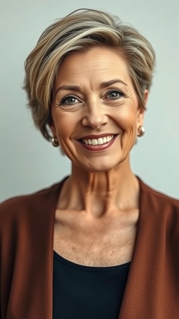 A woman with a stylish wedge haircut and side bangs, smiling confidently.