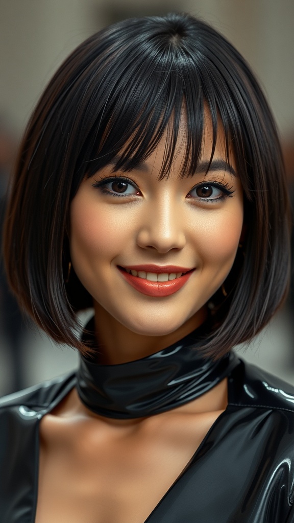 A woman with a wet look blunt cut bob chin-length hairstyle, showcasing sleek and shiny hair.