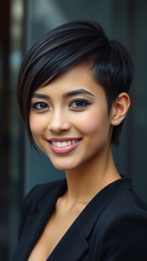 A woman with short hair styled in a wet look with a zigzag part, smiling confidently.