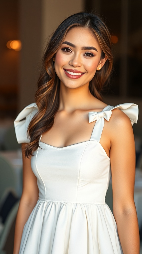 A smiling woman wearing a white babydoll mini dress with satin bows.