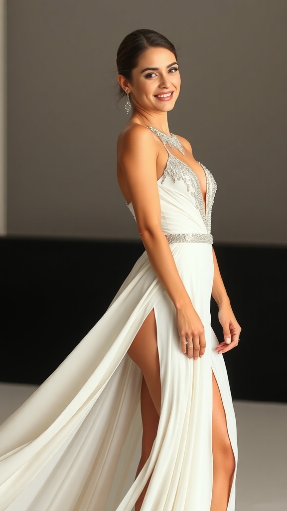 A woman in a white ballroom dress with a crystal neckline and a side slit, smiling confidently.