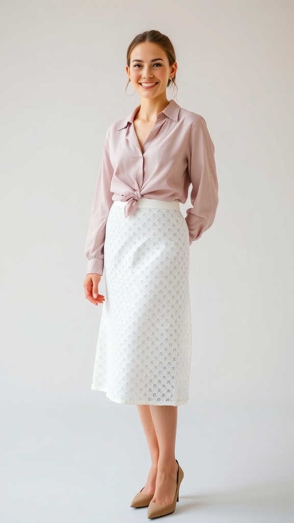 A woman wearing a white eyelet skirt and a dusty rose blouse, smiling and posing.