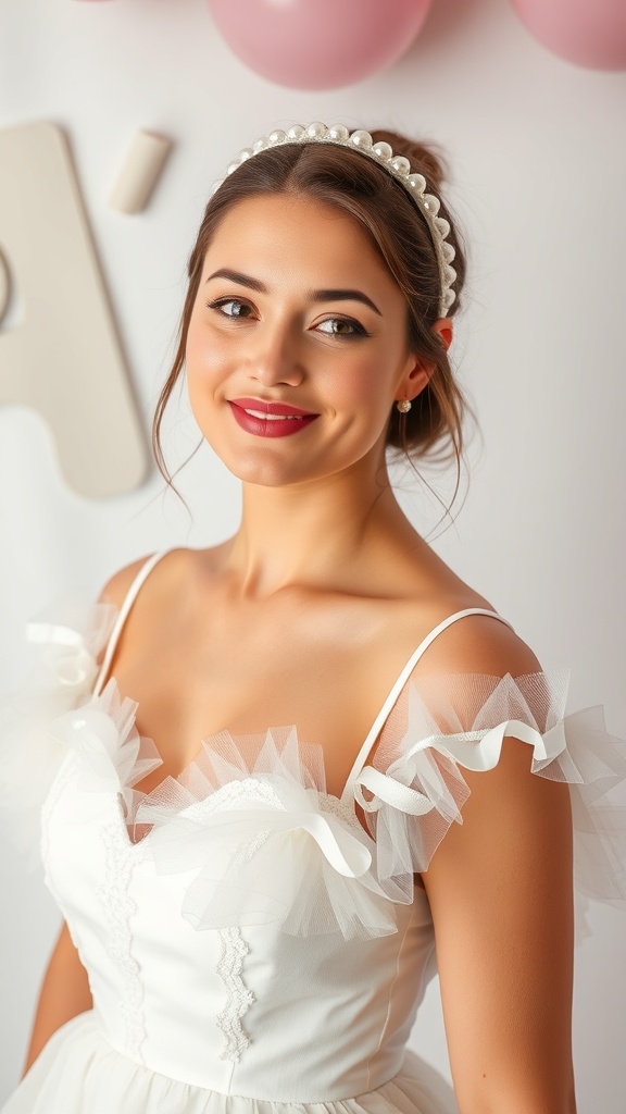 A young woman wearing a white fit-and-flare mini dress with tulle underskirt and a pearl headband, smiling against a backdrop of pink balloons.