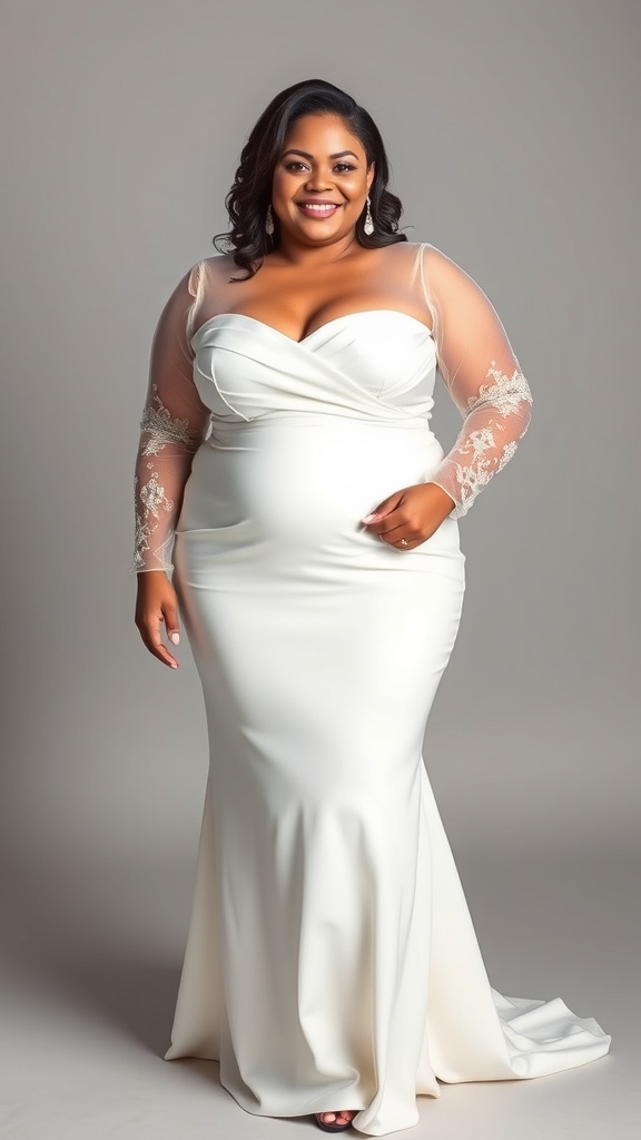 A woman wearing a white formal gown with beaded sleeves, smiling confidently.