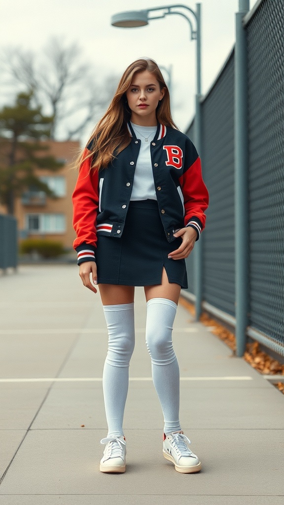 A model wearing white high tops, knee-high tube socks, a sporty jacket, and a mini skirt.