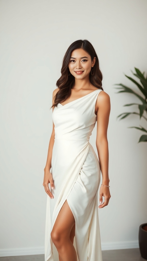 A woman in a white one-shoulder dress with a draped skirt, smiling against a neutral background.